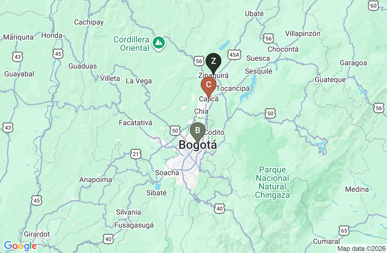 Mapa estático con marcadores en Cajicá, Zipaquirá y Bogotá